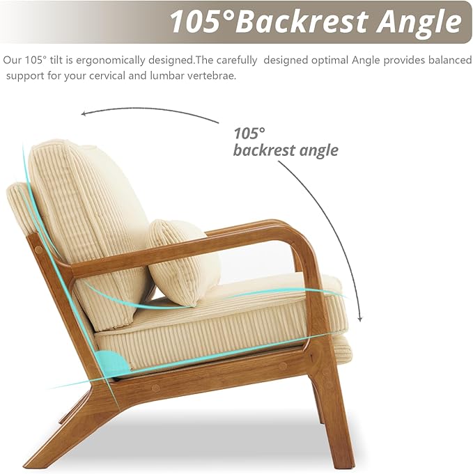 Karl home Mid-Century Modern Accent Chair Living Room Chairs with Pillow Corduroy Upholstered Lounge Armchair with Solid Wood Frame &amp Soft Cushion for Bedroom Reading Room Beige &amp Yellow