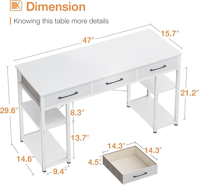 ODK 47 Small Office Computer Desk: Home Table with Drawers Wood Storage Shelves Modern Work Writing Desk White + White Leg
