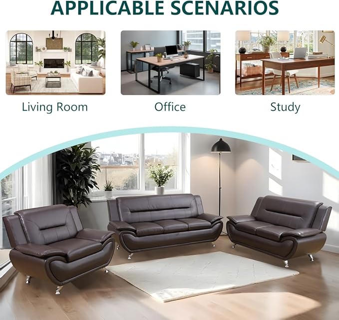 Brown Leather Sectional Sofa Couch Set Modern Sofa Set with Metal Feet 3PCS Living Room Furniture Set Easy Clean Faux Leather Loveseat &amp 2 Chairs for Home/Office/Club 2+1+1 Dark Brown