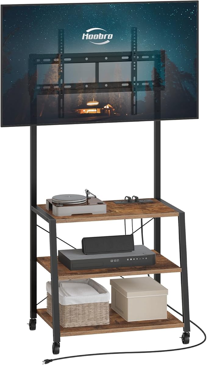 HOOBRO Rolling TV Stand with Mount and Power Outlet Up to 55 inch TV Corner Entertainment Center Small TV Stand with 3-Tier Storage Shelves for Living Room Bedroom Rustic Brown and Black BF66UDS01