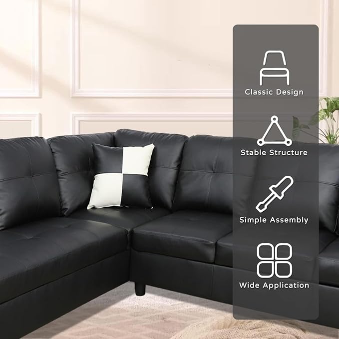 Leather Sectional Couch 105 Inch L Shaped Black Leather Sofa with Storage Ottoman 3 Piece Living Room Furniture Set with Tufted Pillows for Apartment Home Office
