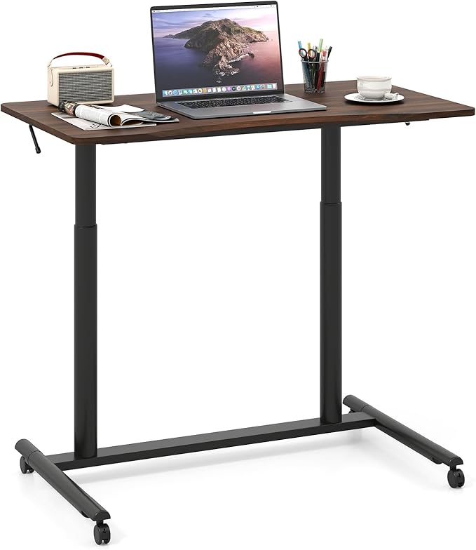 Giantex Mobile Standing Desk Height Adjustable Computer Desk with Wheels &amp Aluminum Frame C Shaped Sofa Side Table Portable Laptop PC Workstation Compact Rolling Desk for Small Space (Brown)