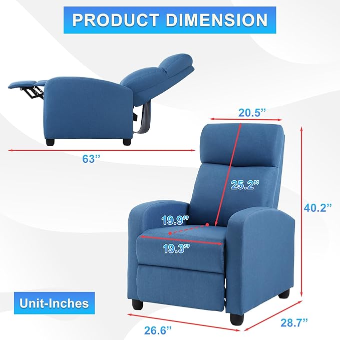 BestMassage | Recliner Chair | No Massage Function | Textile Blue | with Lumbar Support Adjustable Push Back Wide Armrests Footrest &amp Padded Seat | Easy Assembly | for Living Room Home Theatre