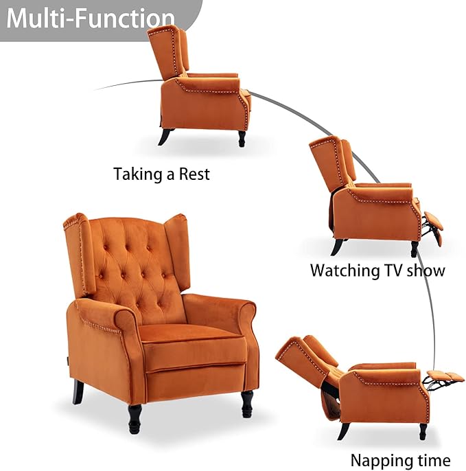 Velvet Accent Chair Push Back Recliner Chair Wingback Arm Chair for Living Room/Bedroom/Home Theater/Reception Area Caramel