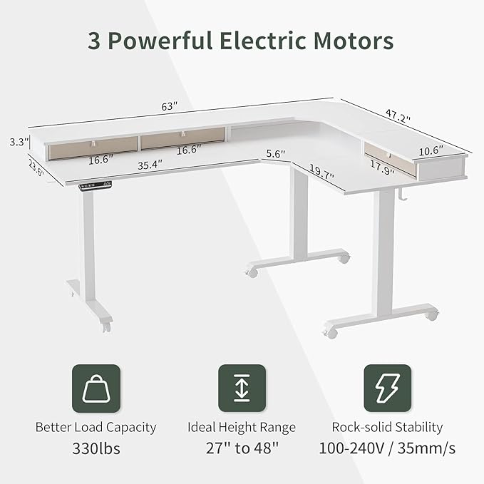 FEZIBO 63 Triple Motor L Shaped Standing Desk with 3 Drawers 330LBS Electric Standing Gaming Office Desk L Shape Pure White