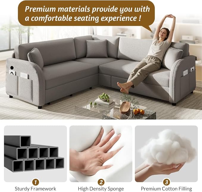 KEIKI 85 Convertible Sofa Bed with Chaise for Guest Rooms &amp Studios L-Shaped Sectional Couch with Pull Out Bed Teddy Upholstery &amp USB Charging