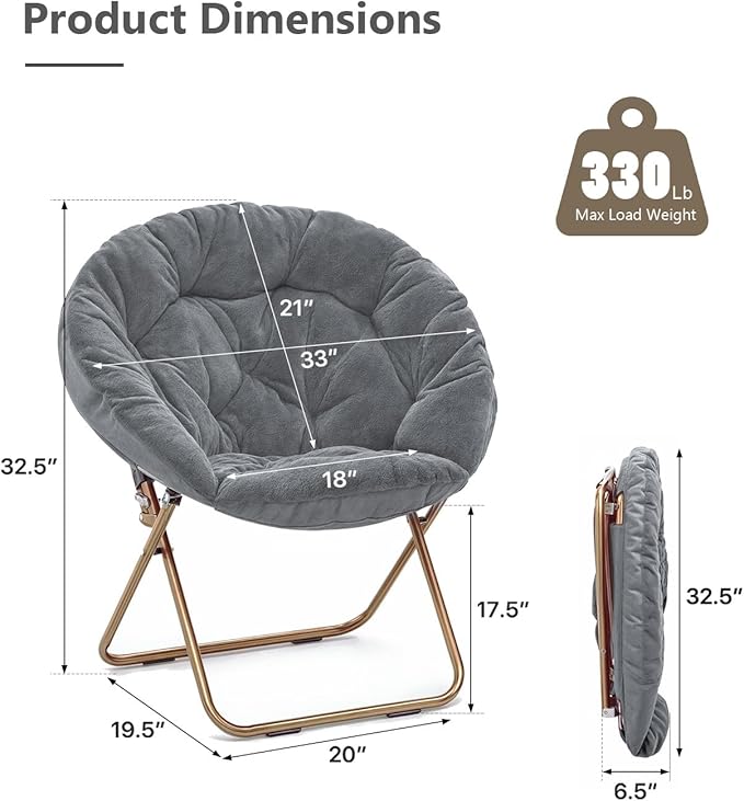 Cozy Saucer Chair Living Room Chair Faux Fur Soft Thick Padded Seat Metal Frame Folding Chair Comfortable Moon Chair for Living Room Bedroom Reading Nook Modern Style 1 Pack Gray