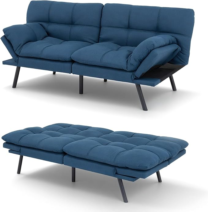 Vipbear 71 Futon Sofa Bed - Convertible Sofa Beds/Adjustable Backrest &amp ArmrestDetachable Cushion Loveseat Sleeper for Small Spaces Apartments &amp Offices Blue Futons