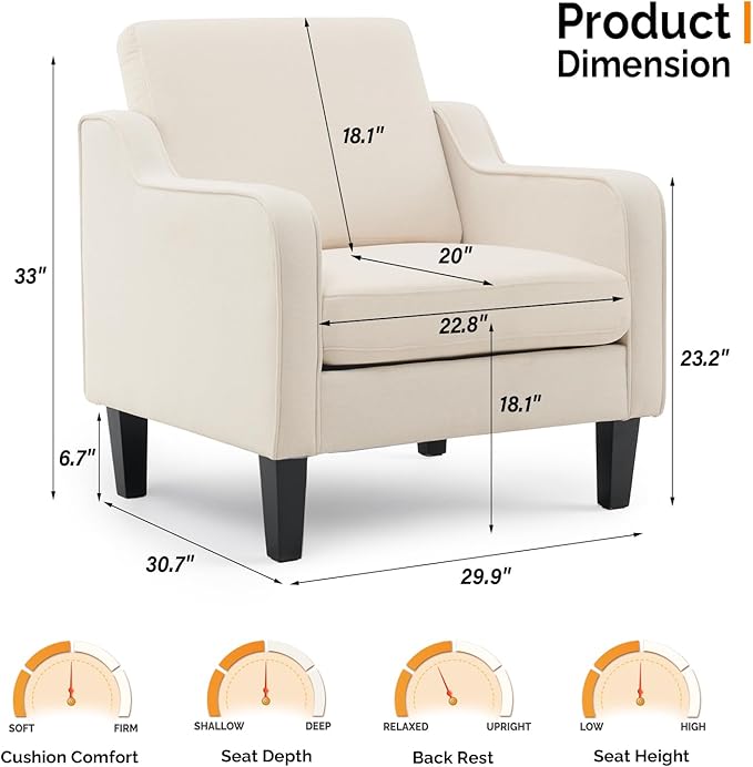 VINGLI Accent Chairs Set of 2 Beige Upholstered Linen Accent Chair for Living Room Bedroom Mid-Century Modern Arm Chair Comfy Reading Chair with Scooped Arms