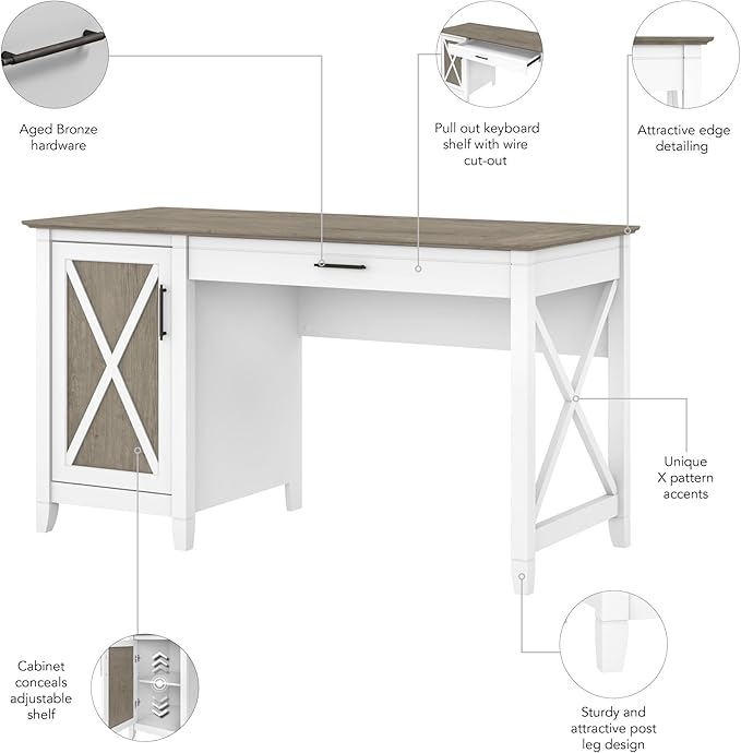 Bush Home Key West Computer Desk with Storage | Farmhouse PC Table for Home Office in Pure White and Shiplap Gray | 54W x 24D
