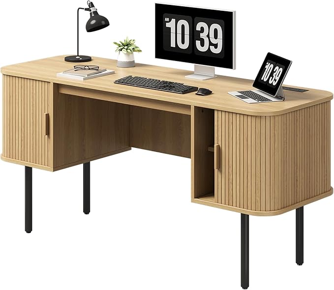 ONBRILL 63 Inch Fluted Computer Desk with Charging Station Mid Century Executive Desk with 2 Storage Cabinets Modern Home Office Large Desk with Metal Legs for Working Studying Writing Oak