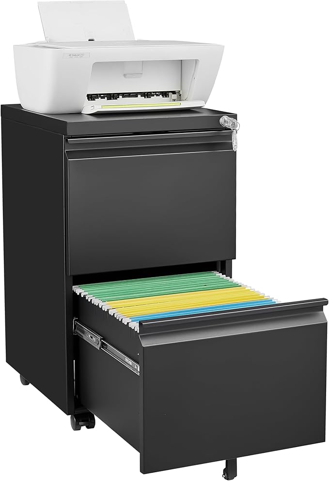Mobile File Cabinet with Lock Office Storage Solution for Legal &amp Letter Size Documents Metal Filing Cabinet with Printer Stand Pre-Assembled Except Casters (Black 2 Drawers)