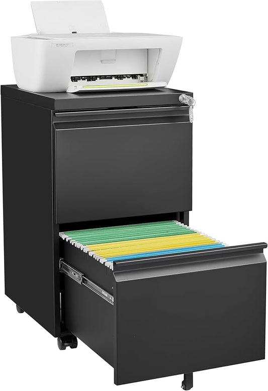 Mobile File Cabinet with Lock Office Storage Solution for Legal &amp Letter Size Documents Metal Filing Cabinet with Printer Stand Pre-Assembled Except Casters (Black 2 Drawers)