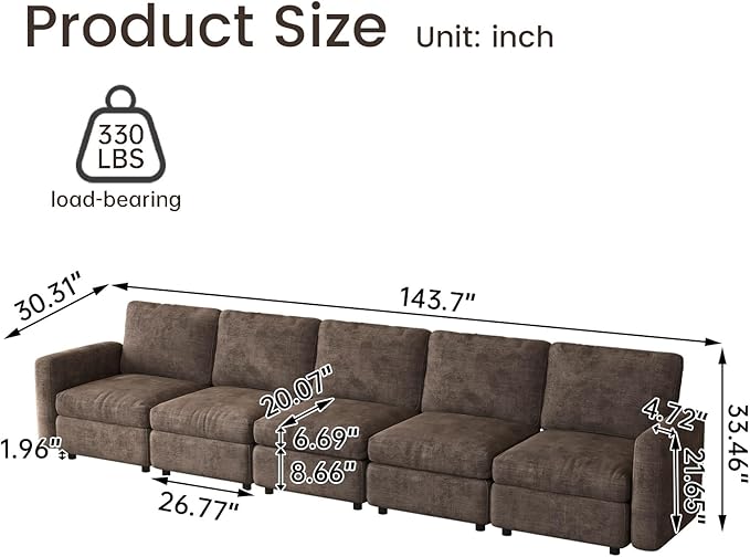 5 Seaters Modular Sectional Sofa 5 Seat Sofa Modern Sectional Couches with Deep Seats for Living Room Upholstered Couch with Soft Backrest 143.7 L Brown (No Ottoman)