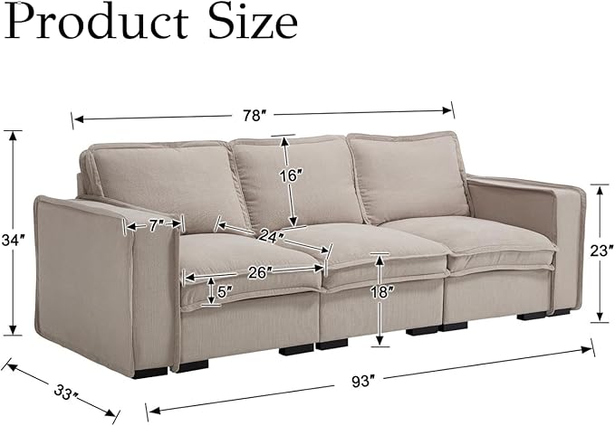 EALSON 93 Modular Sectional Sofa Modern Comfy 3-Seater Couch Sofa Linen Fabric Upholstered Cloud Couches with 24 Deep Seat and Wooden Legs for Bedroom/Living Room/Office Oatmeal