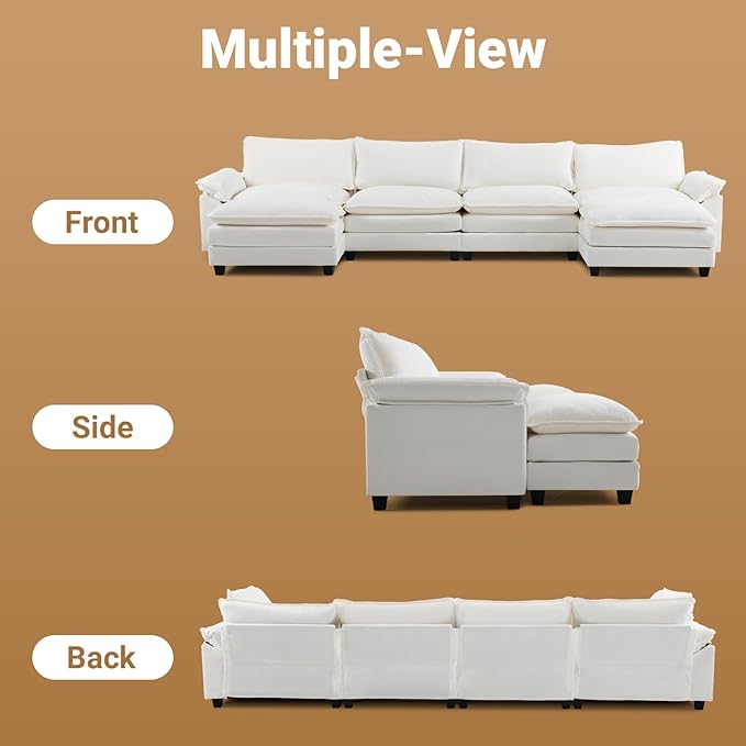 VINGLI Convertible Modular Sectional Sofa for Living Room with Deep Seat &amp 2 Movable 2-Layer Ottomans U-Shape Cloud Sofa Bed with Chaise Oversized 4-Seater Armchair Sleeper Couch Chenille Crea