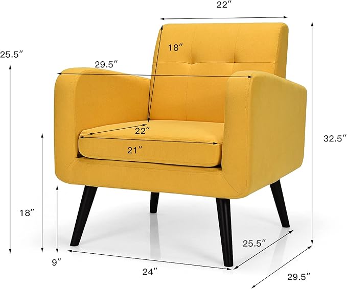 S AFSTAR Modern Upholstered Armchair Mid-Century Fabric Accent Chair with Rubber Wood Legs Leisure Lounge Chairs Living Room Furniture (2 Yellow)