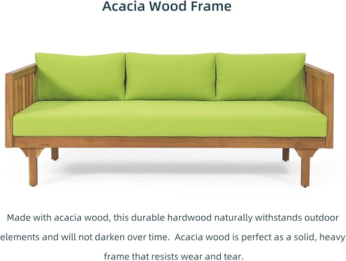Merax Solid Acacia Wood Couch Chaise Lounge Chair Indoor 3 Seater Daybed Sofa Couches with Cushions &amp Pillow Heavy Frame Day Bed for Living Room Office Outdoor Balcony Patio Water Resistant