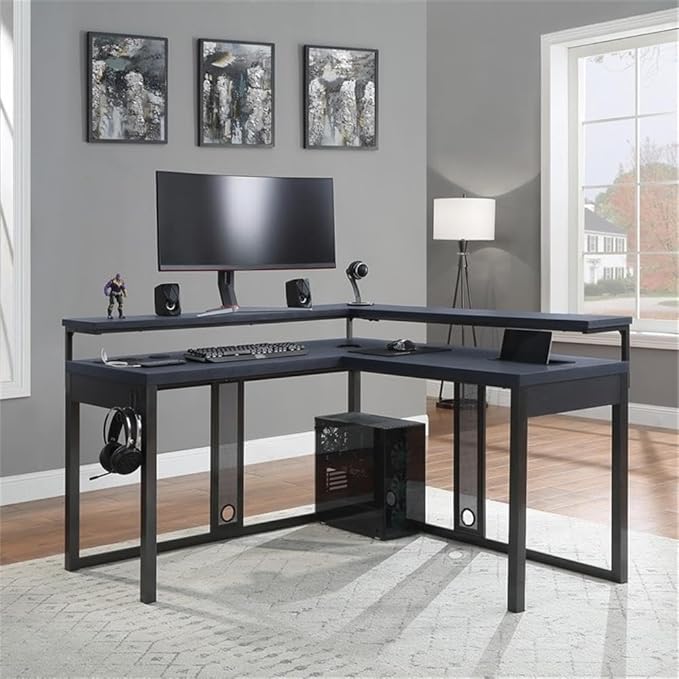 Pemberly Row L-Shape Gaming Desk 54x54x36 in Black Steel Metal Chevron PVC Finish RGB LED Lights Dual Monitor Shelves USB Charging Hub Headphone Hook Home Office or Gaming Desk