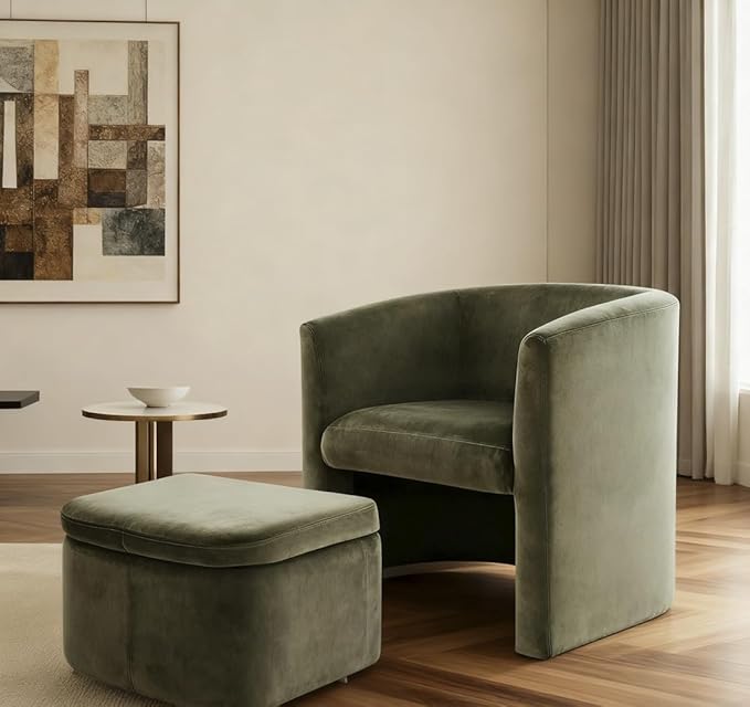 Mid-Century Velvet Living Room Chair with Storage Ottoman Space-Saving Accent Chairs for Bedroom/Reading Spaces/Office Green
