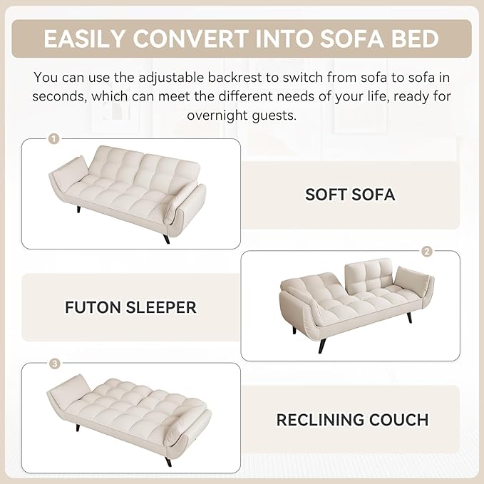 KINFFICT 57 inch Beige Futon Sofa Couch Bed Comfy Velvet Upholstered Loveseat Convertible Sleeper Sofa cama with Adjustable Backrest Mid Century Modern Sofas for Living Room Bedroom Small Space