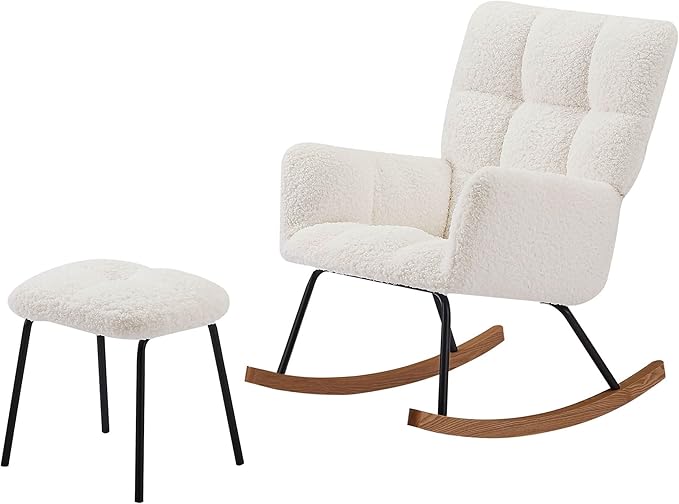 Modern Rocking Chair with High Backrest Armrests Ergonomic Design Lounge Recliner Chair for Living Room Bedroom Playroom Beige with Soft Seat