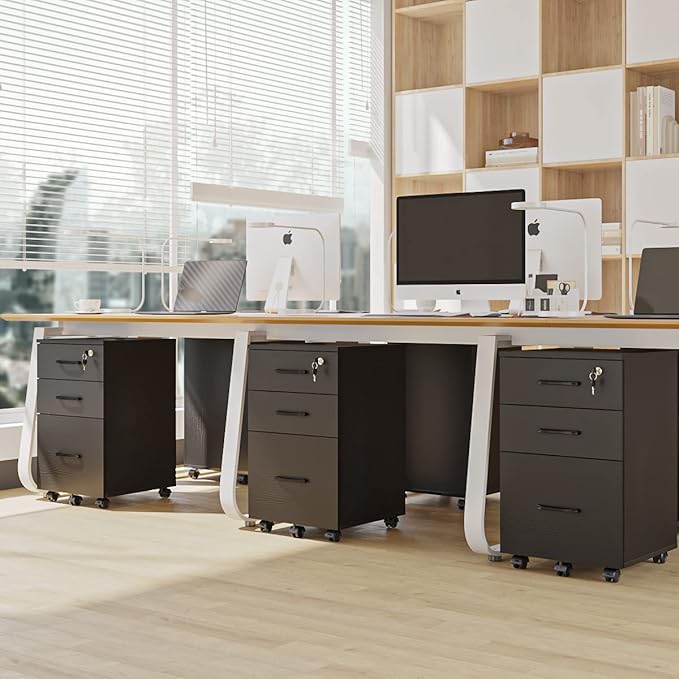 Panana 3 Drawer Wood Mobile File Cabinet Under Desk Storage Drawers Small File Cabinet for Home Office (Black)