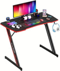 47 Inch Gaming Desk Wood Gaming Table Modern Z-Shaped Computer Desk for Home Office with Headphone Hook - Sturdy Gamer Workstation Table with Carbon Fibre Desktop Red