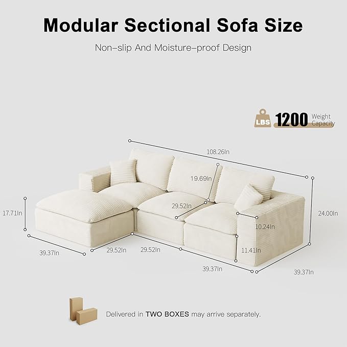 108'' Modular Sectional Sofa with Ottoman Corduroy Cloud Sectional Couches for Living Room High-Back Modern L Shaped Boneless Couch Deep Seat 3 Seater Sofa No Assembly Required Beige