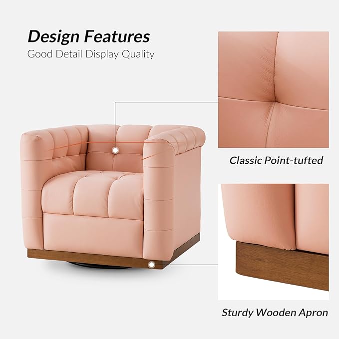 HULALA HOME Genuine Leather Swivel Accent Chair with Wooden Base Mid Century Modern Square Accent Chair for Living Room Bedroom Club Pink