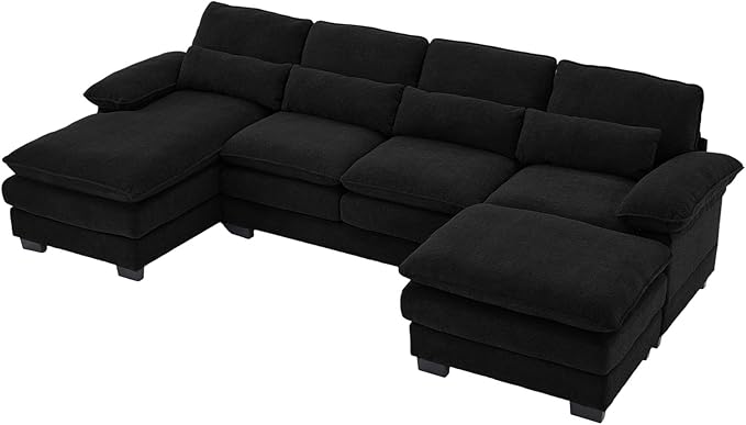 OUYESSIR 114 U Shape Sectional Cloud Couch with OttomanFluffy Sectional Couches for Living Room4 Seater Modular Sectionals SofaComfy Cloud Sofas &amp Couches with 4 PillowsBlack