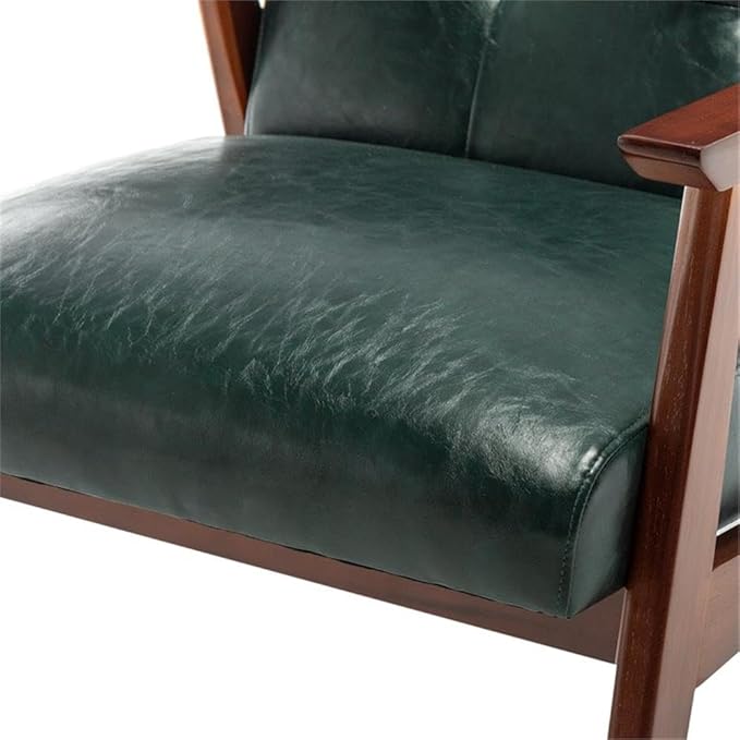 Pemberly Row Accent Chair 28.5 x 27.5 x 31 in Green Faux Leather Upholstery Solid Rubberwood Espresso Frame Button-Tufted Mid-Century Modern Seating for Living Room or Home Office