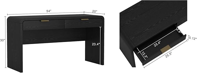 Manhattan Comfort Grace 54 Modern Office Desk with 2 Drawers Wood Table with Metal Recessed Handles for Work from Home Study Craft Stylish Executive Desk Black and Gold