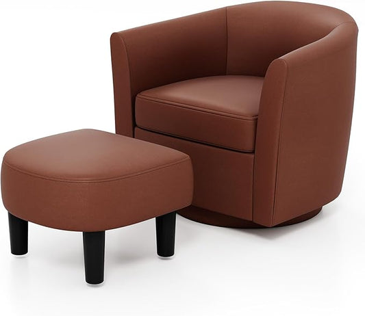 GOFLAME Swivel Barrel Chair with Ottoman Modern Faux Leather Accent Chair with Footrest Curved Backrest Removable Seat Cushion Upholstered Club Tub Sofa Chair for Bedroom Living Room Brown
