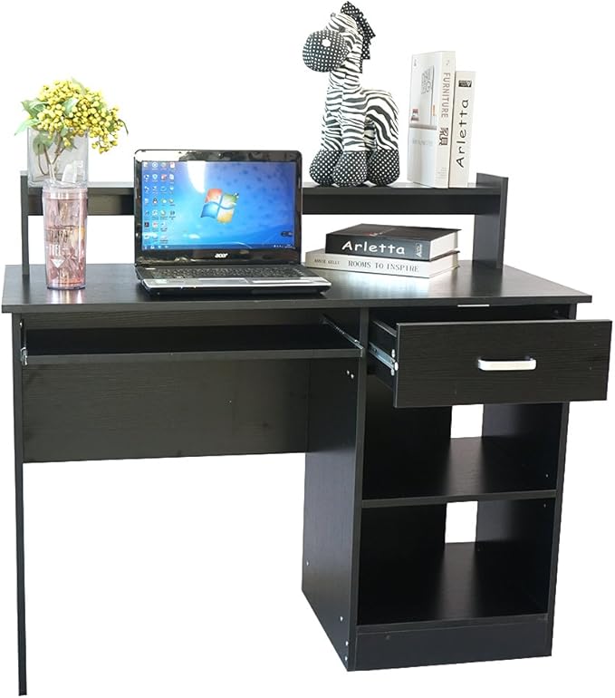 Computer Home Office Desk43 Inch Desk Study Writing Table with Storage Shelves Drawer and Keyboard StandGeneral Style Modern E1 15MM Chipboard Computer Desk (Black)