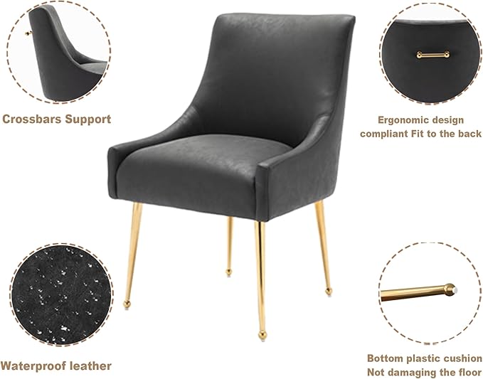 Dining Room Chair Faux Leather Vanity Chairs Set of 4 Mid-Century with Metal Legs Upholstered PU Leather Luxury Accent Chairs Living Room Restaurant(Black)