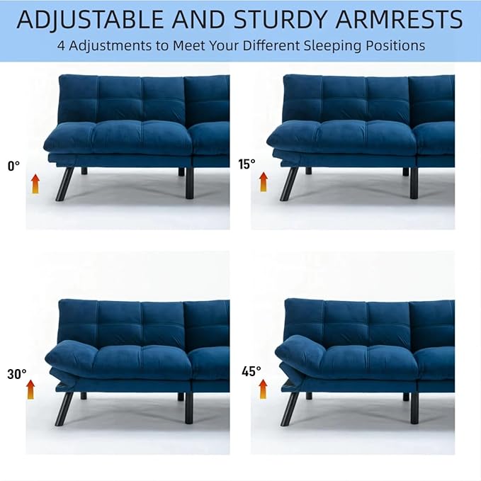 71-inch Microfiber Upholstered Futon Sofa Bed - 2 Seats Adjustable Arms/Back Iron Legs | Convertible to Sleeper for Main Living Spaces Bedrooms Offices (Navy Blue+2Seat)