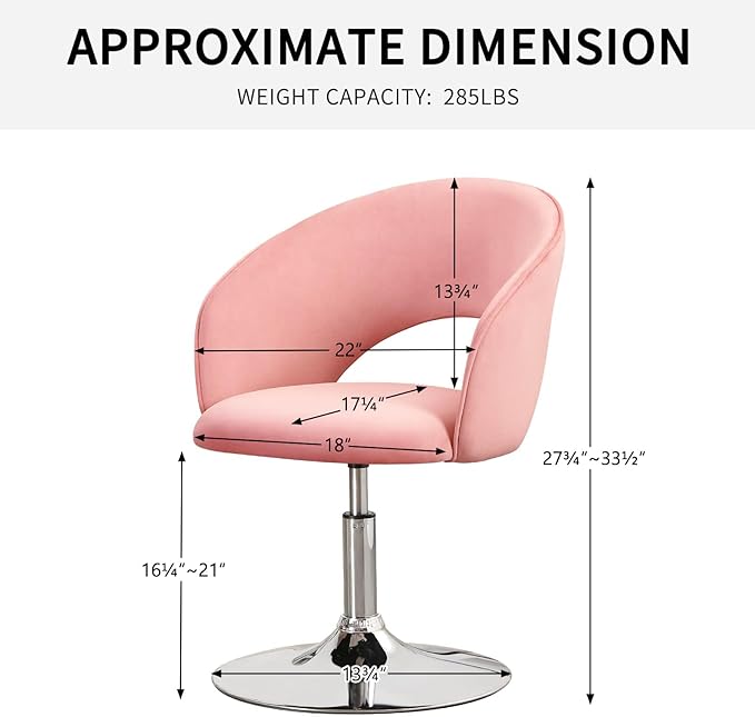 Furnimart Pink Velvet Vanity Chair Vanity Stool with Back Height Adjustable Swivel Accent Chair with Backrest Round Makeup Chair for Vanity Living Room Bedroom (Pink)
