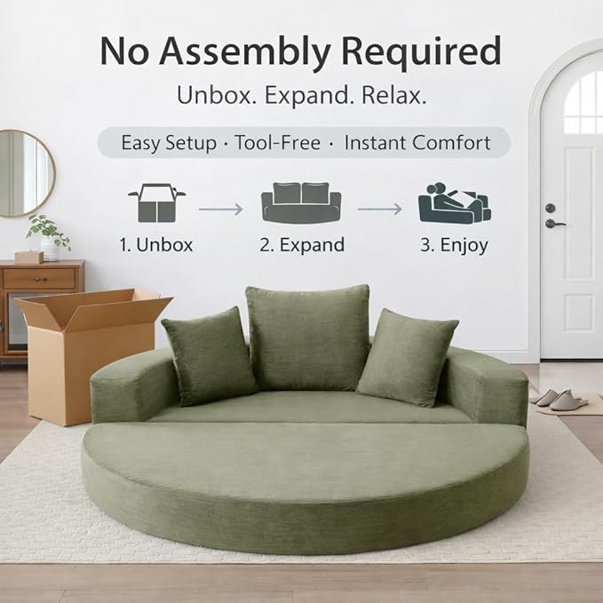 Convertible Round Sofa Bed 67 Corduroy Upholstered Loveseat Sleeper Couch Pull-Out Floor Bed with 3 Pillows No Assembly 550 lbs Weight Capacity(Green)