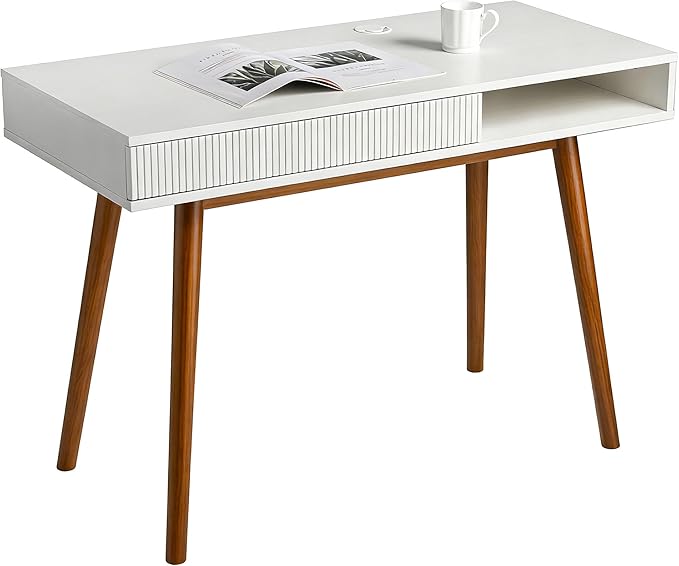 Artswish White Writing Desk with Drawers Mid Century Modern Desk Wood Office Computer Desks for Small Space White Desks with Walnut Legs