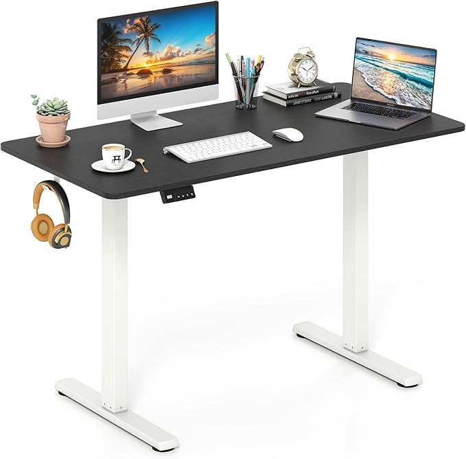 Giantex Electric Standing Desk 48 x 24 Height Adjustable Sit Stand Computer Workstation with 2 Memory Heights Headphone Hook Anti-Collision Design Home Office Computer Desk (Black+White)