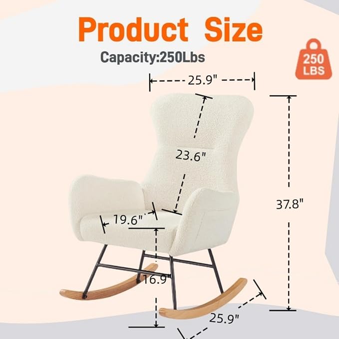 Nursery Rocking ChairUpholstered Glider Rocker with High Backrest for Living Rooms Bedrooms Offices (Beige Teddy)