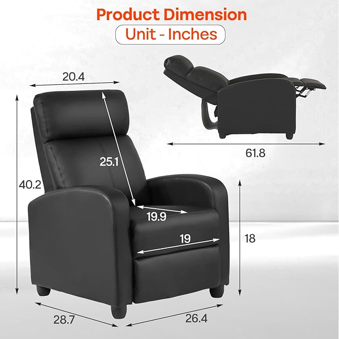 Recliner Chair PU Leather Massage Single Sofa Home Theater Seating Breathable Padded Reading Sofa with Footrest for Bedroom Living RoomBlack