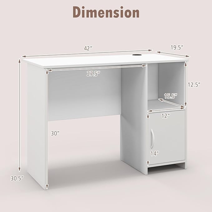 GOFLAME Modern Computer Desk with Cabinet Writing Study Desk with Cable Holes &amp Open Shelf Laptop PC Desk with Storage Compact Computer Workstation for Home Office White