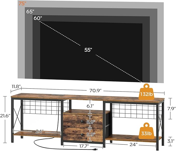TV Stand with Power Outlet Up to 75 Inch Entertainment Center with 2 Fabric Drawers TV Console Table with Open Storage Shelves for TVs Cable Management for Living Room Bedroom DS18UBRY1