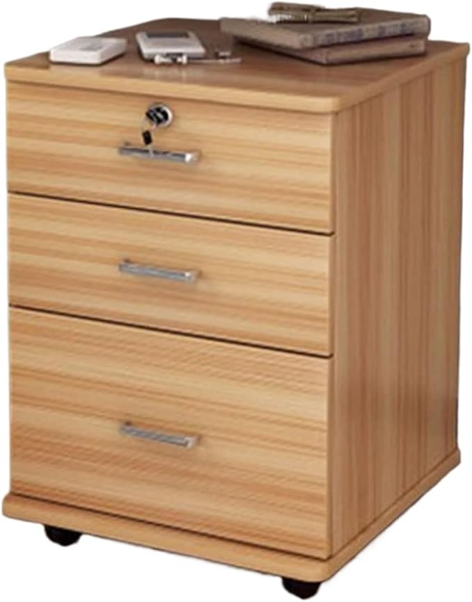 3 Drawer Wooden Office Cabinet File Storage Cabinet with Lock Floor Stand Wheel Design Movable File Organizer(C)