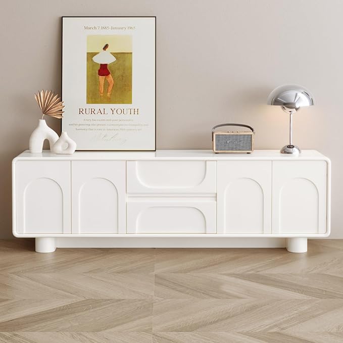 62.99 TV Stand for 55/60/65 TV Modern Entertainment Center with Storage Cabinets and Drawers Mid Century Media Console Table Cream White Television Stand for Living Room