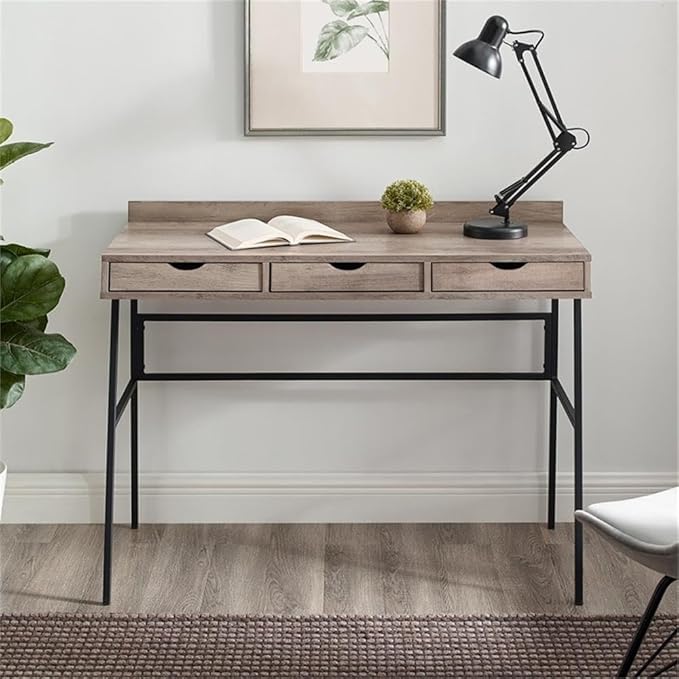 UrbanPro 42 Engineered Wood Writing Desk Gray Wash Finish 3 Angled-Front Drawers Metal Legs Cord Management Compact Home Office Desk for Craft or Work Space