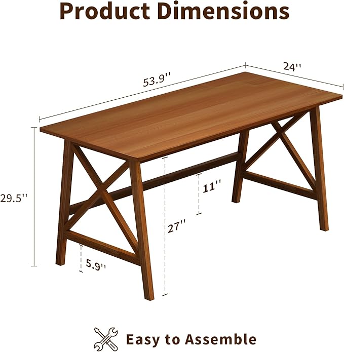 Modern Solid Wood Desk - 54 Simple Computer Table for Home Office Study Writing Workstation in Walnut 54 W x 24 D