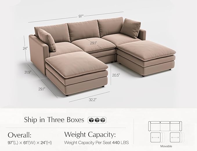 Sectional Couches for Living Room U Shaped Cloud Couch with Ottoman Deep Plush 5 Seats Sofa Modern Sofa for Apartment Brown